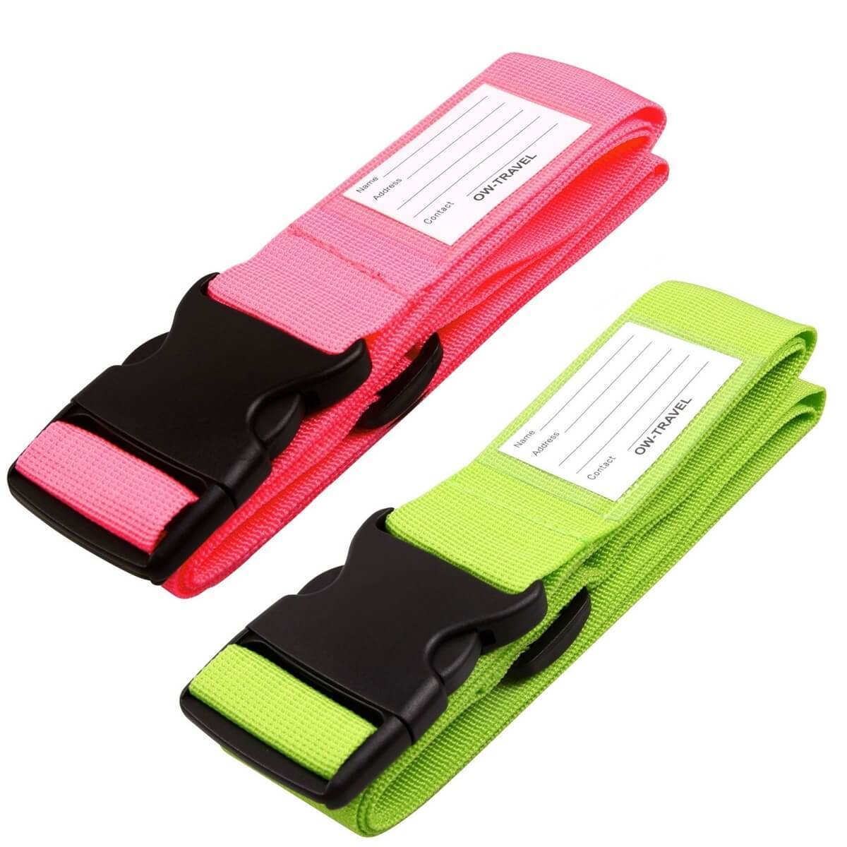 ✅ Heavy Duty Luggage Strap Suitcase Belts - with Personalised Baggage Claim Identifier Address Label (Bright Pink + Bright Green) - One-Wear