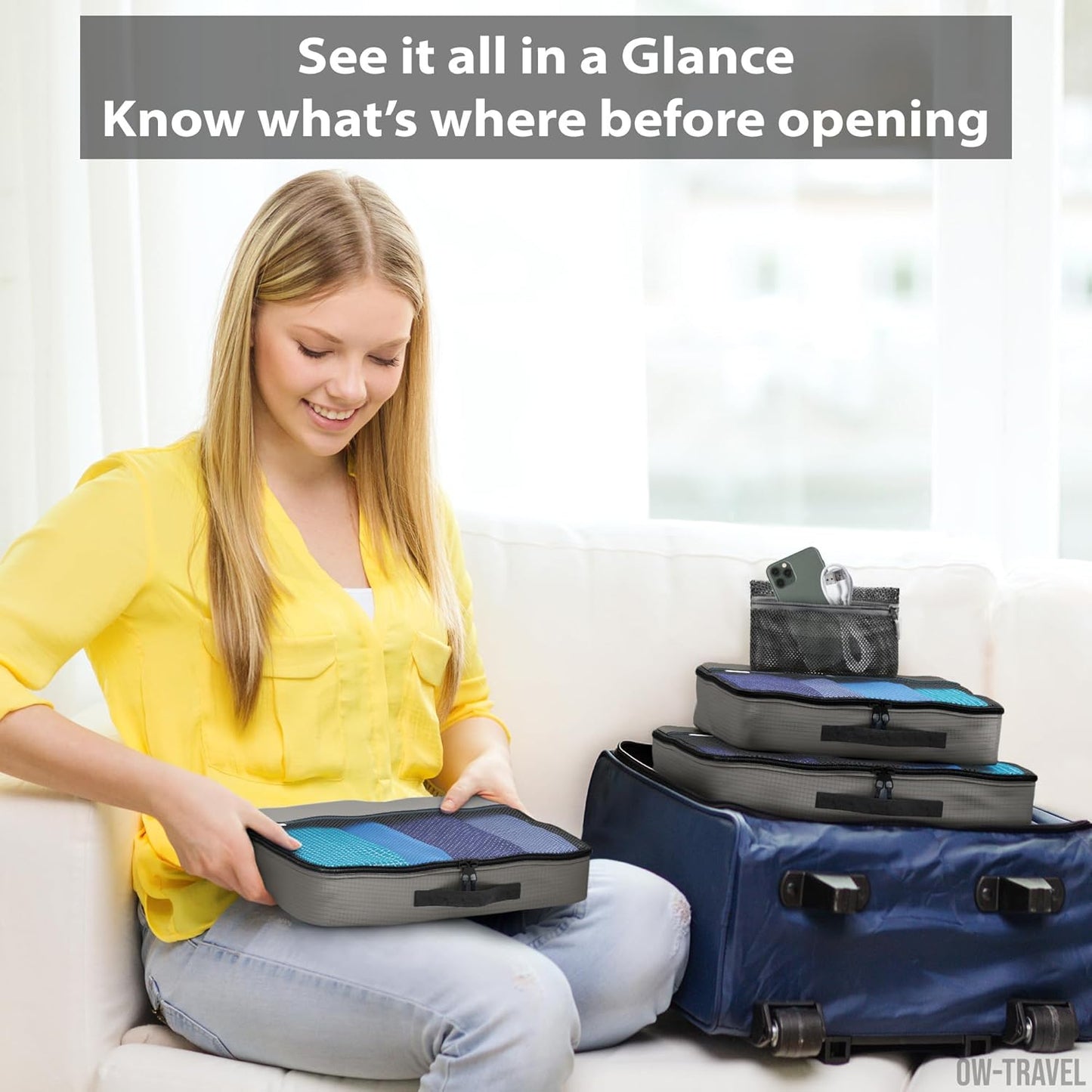 Grey packing cubes for suitcases. Travel storage organiser bags 5 pcs