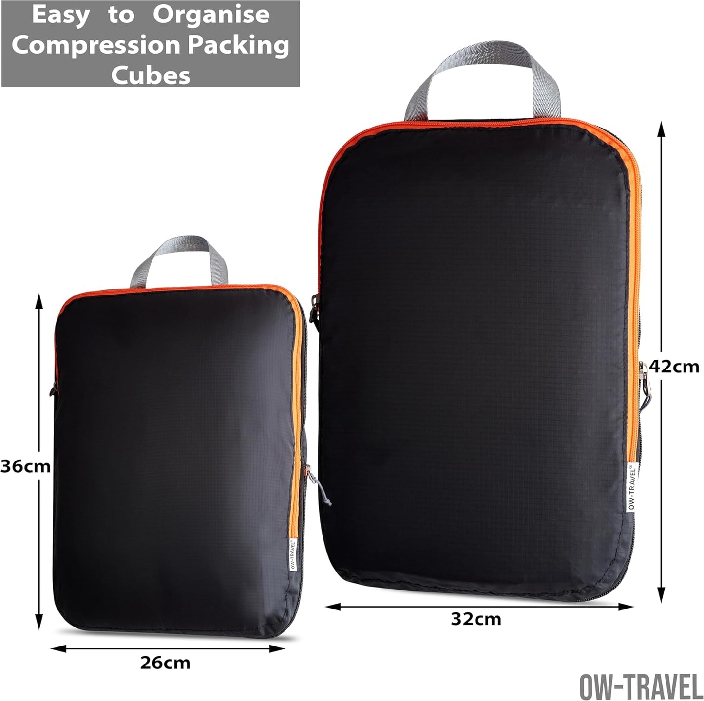 Black compression packing cubes for suitcases. Travel compression storage organiser bags
