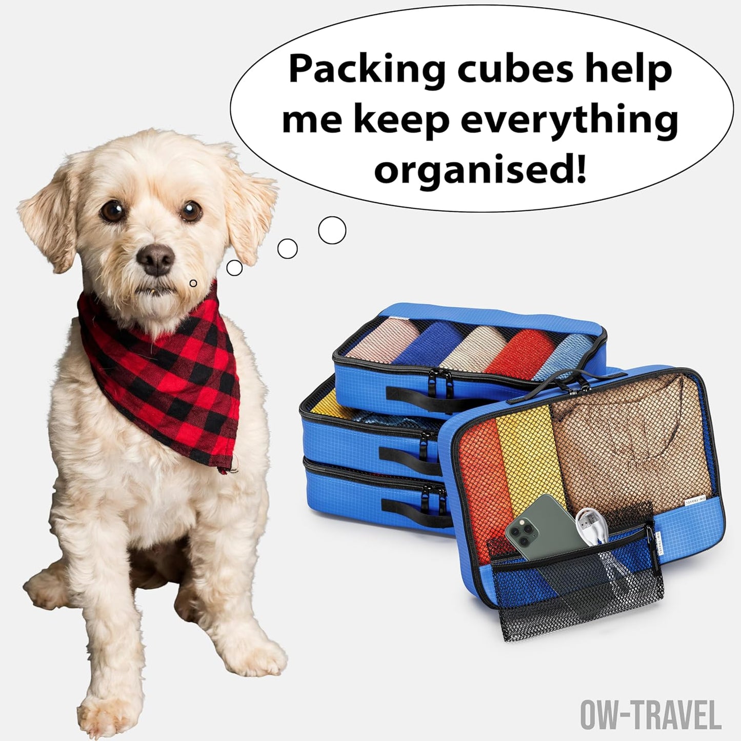 Blue packing cubes for suitcases. Travel storage organiser bags 5 pcs