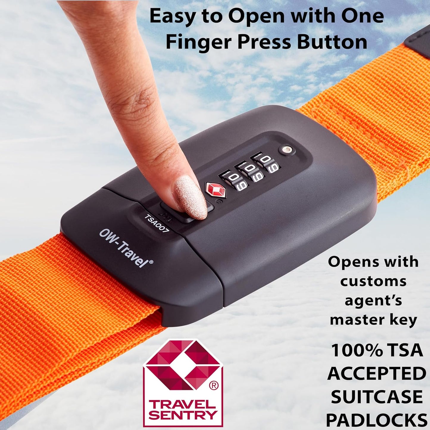 Orange TSA luggage strap. Lockable suitcase belts for added security