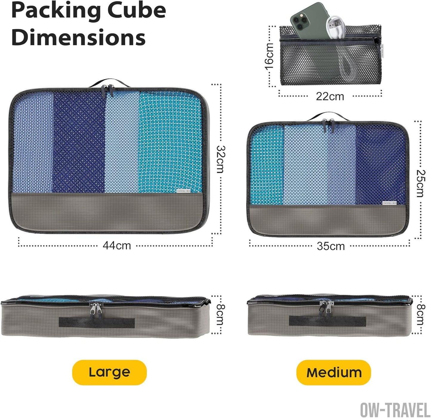 Grey packing cubes for suitcases. Travel storage organiser bags 5 pcs