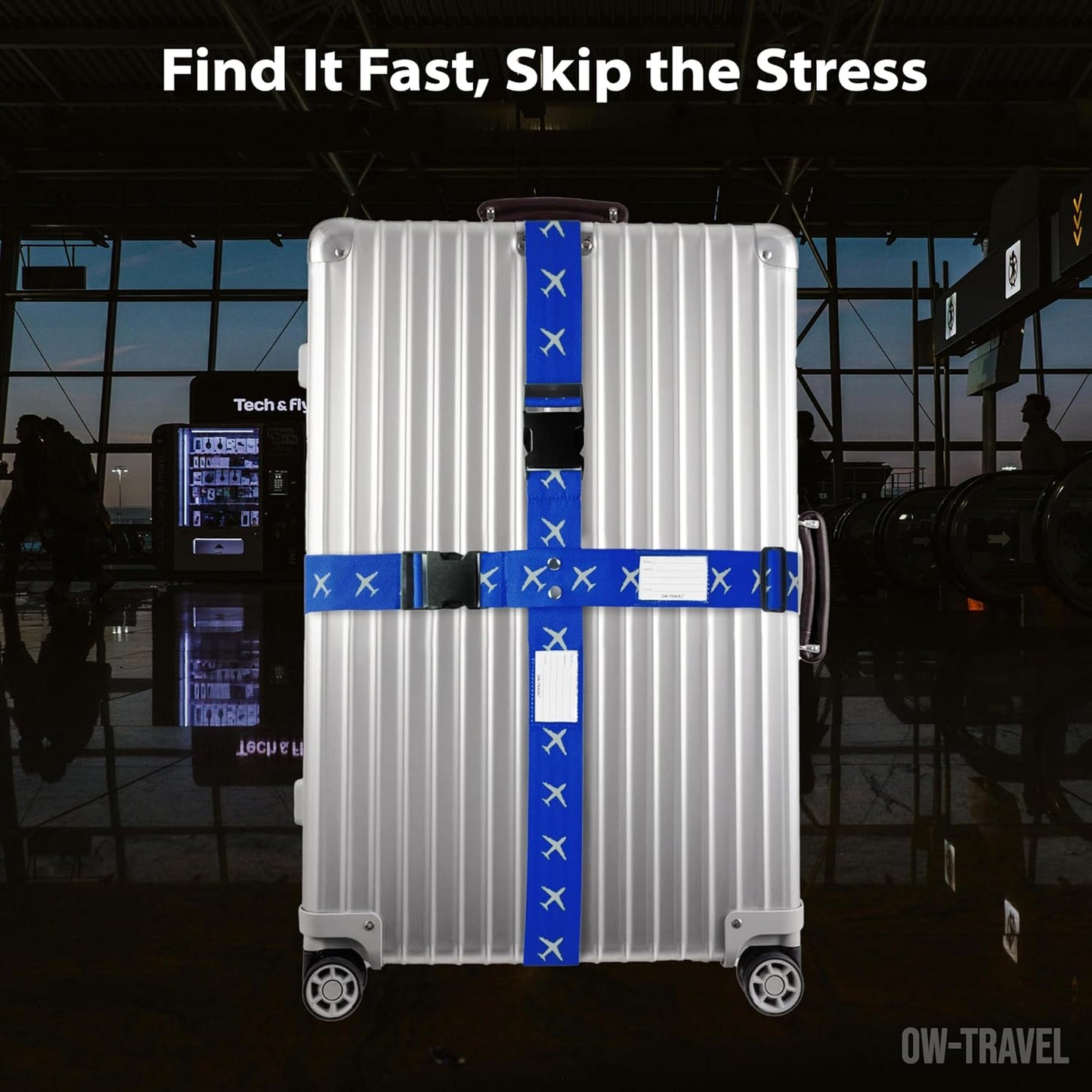 Bright blue luggage cross strap suitcase belts with baggage label tag