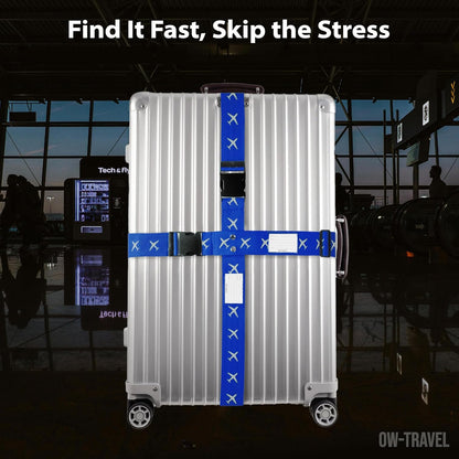 Bright blue luggage cross strap suitcase belts with baggage label tag