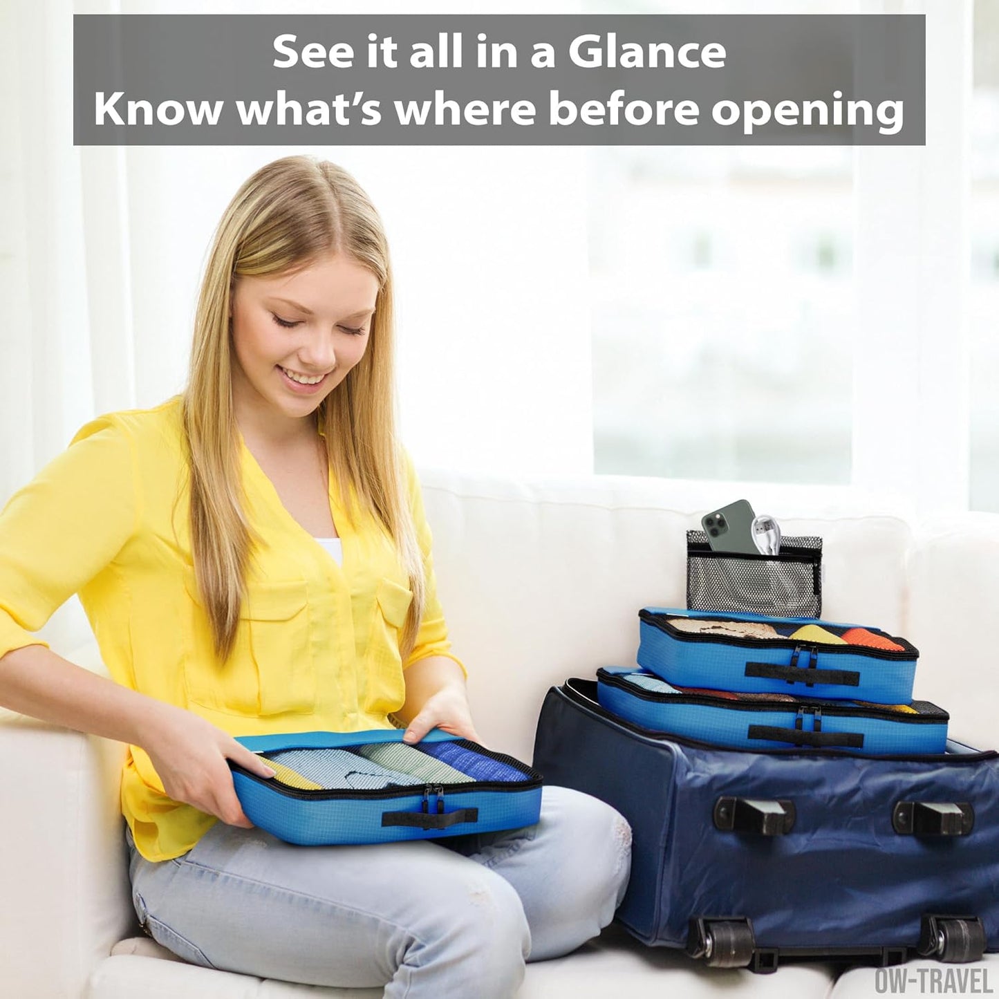 Blue packing cubes for suitcases. Travel storage organiser bags 5 pcs