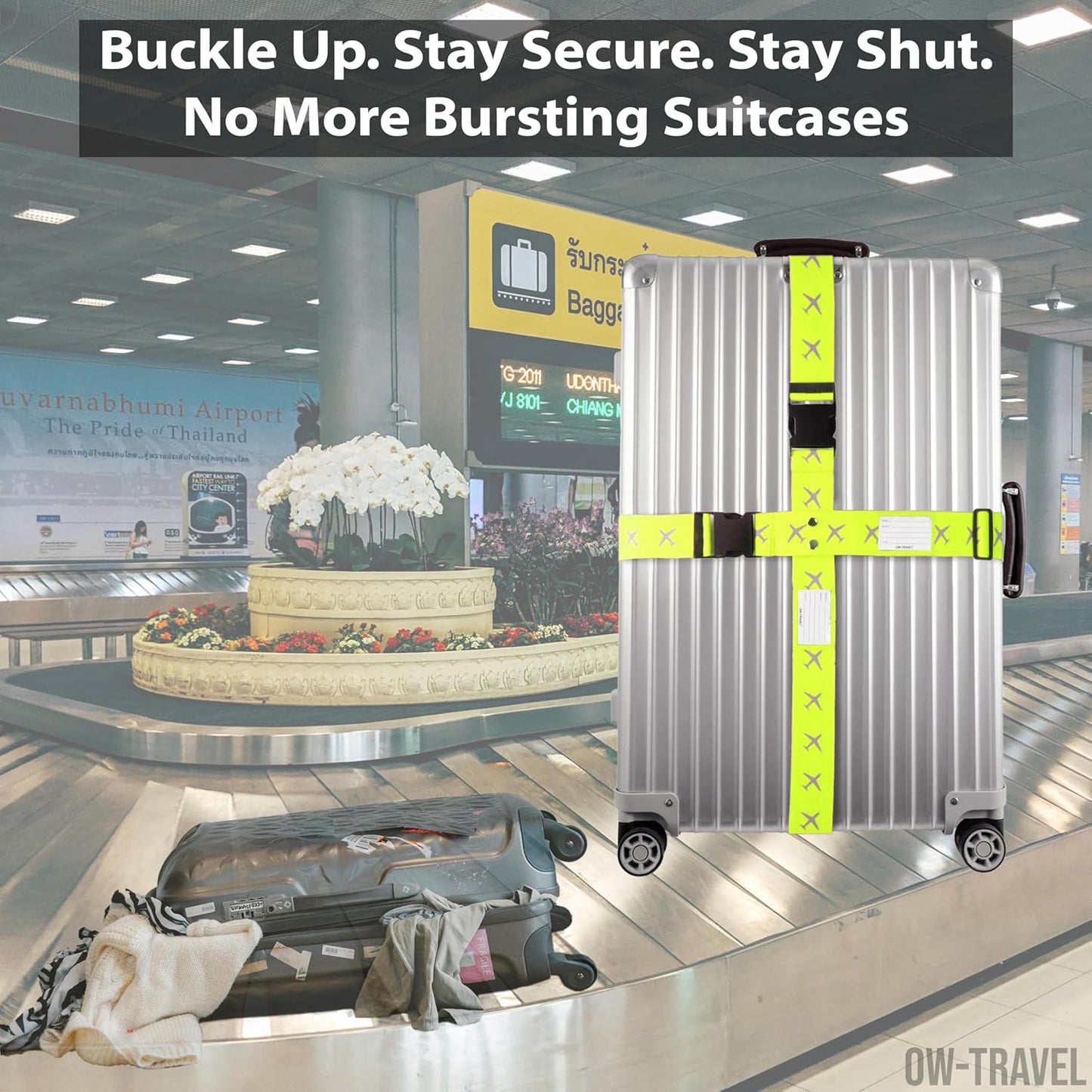 Blue and yellow luggage cross strap suitcase belts with baggage label