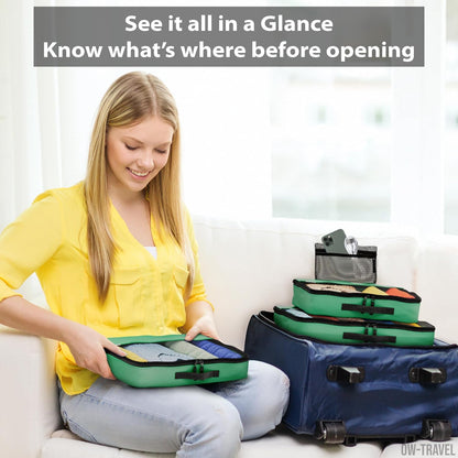 Green packing cubes for suitcases. Travel storage organiser bags 5 pcs