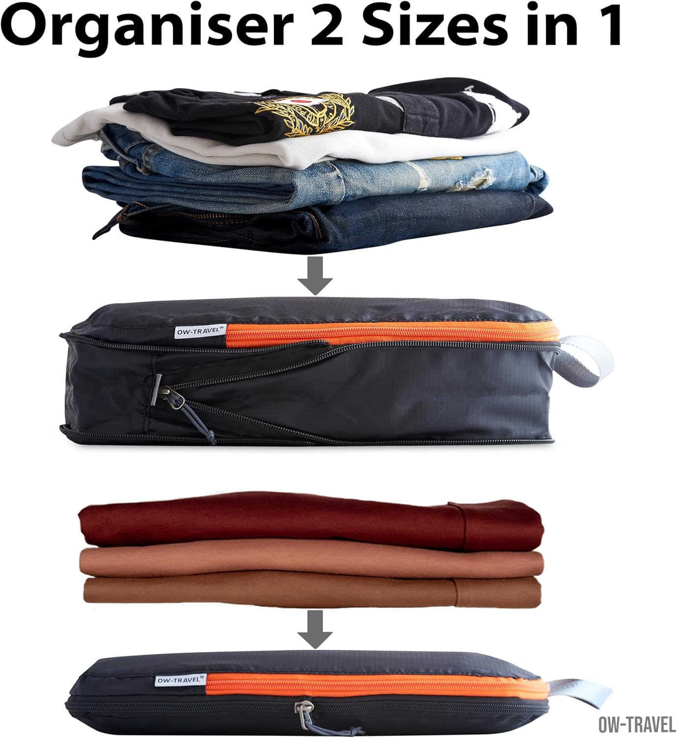 Black compression packing cubes for suitcases. Travel compression storage organiser bags