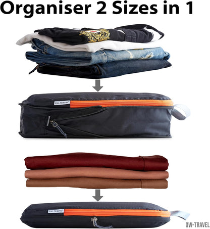 Black compression packing cubes for suitcases. Travel compression storage organiser bags