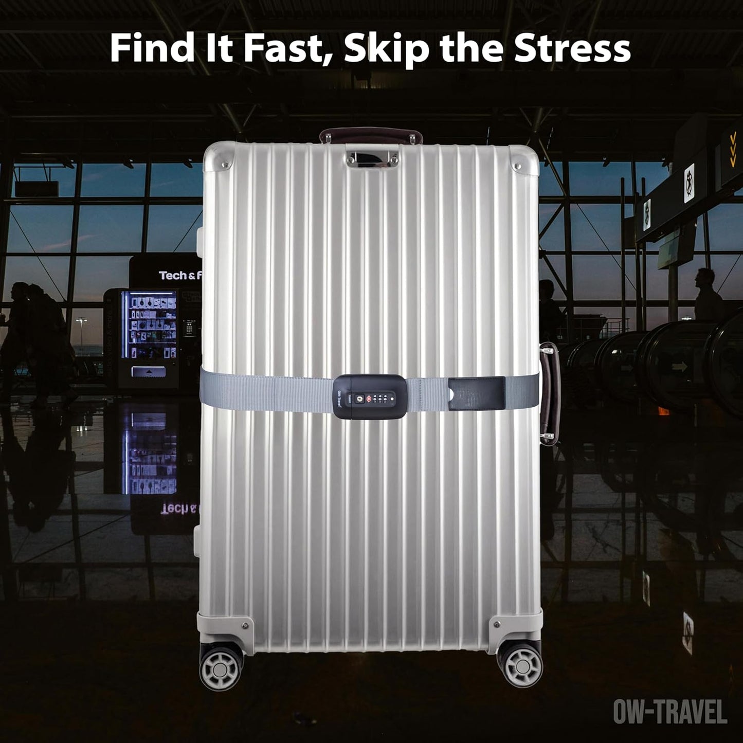 Grey TSA luggage strap. Lockable suitcase belts for added security