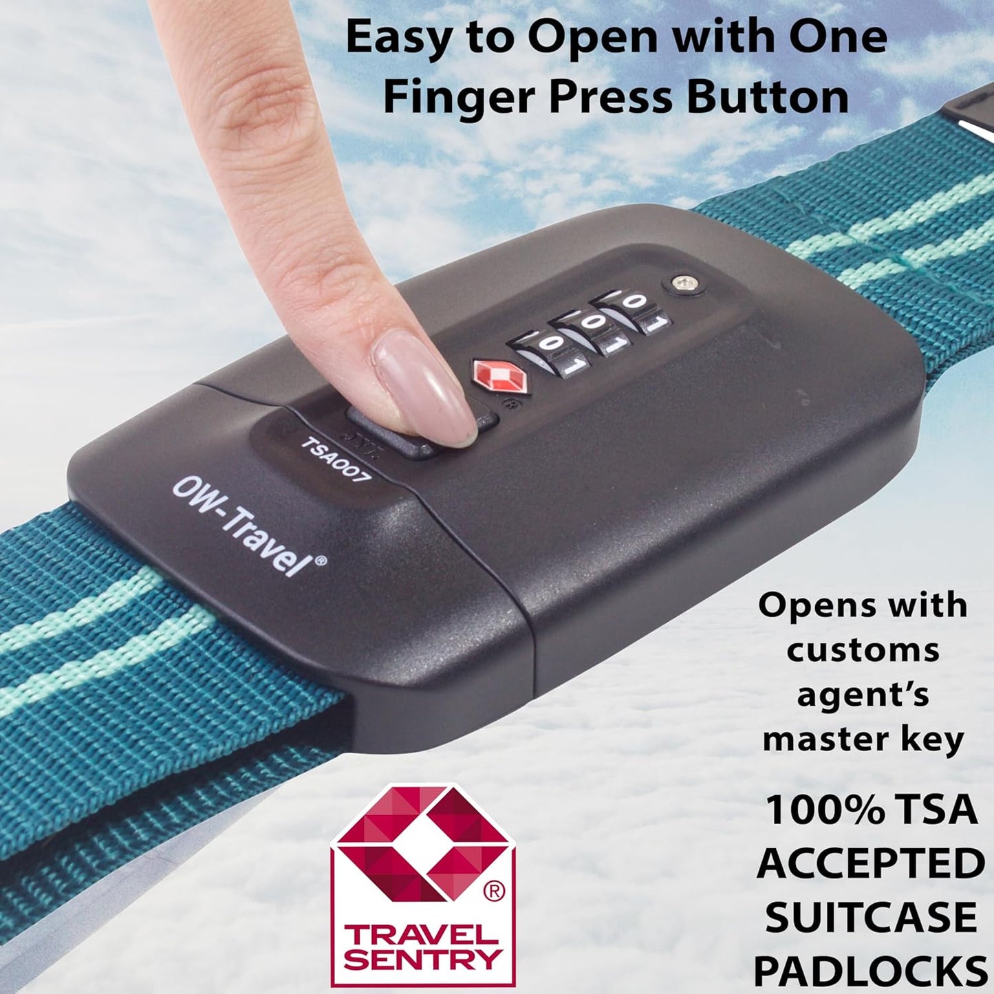 Green / Blue TSA luggage strap. Lockable suitcase belts for added security