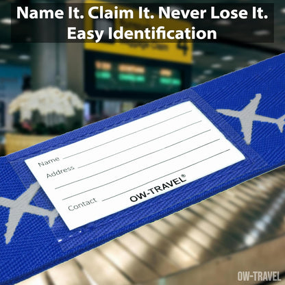 Bright blue luggage cross strap suitcase belts with baggage label tag