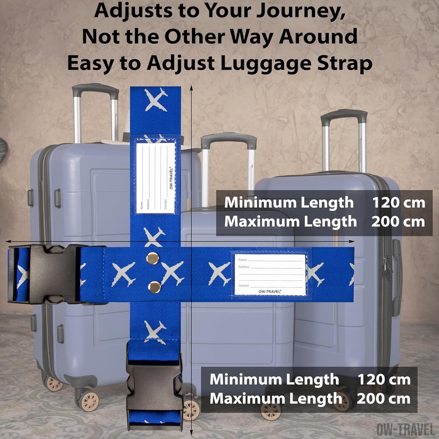 Blue and yellow luggage cross strap suitcase belts with baggage label