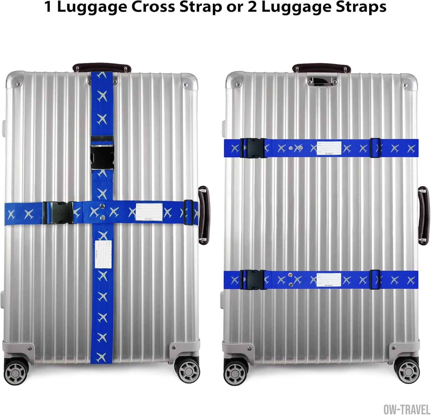 Bright blue luggage cross strap suitcase belts with baggage label tag