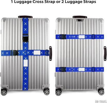 Blue and yellow luggage cross strap suitcase belts with baggage label