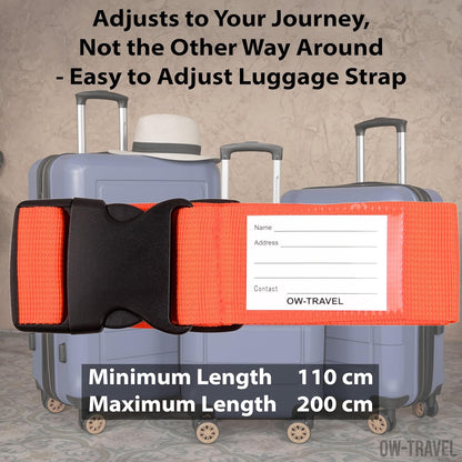 Orange luggage strap suitcase belts with personalised baggage label