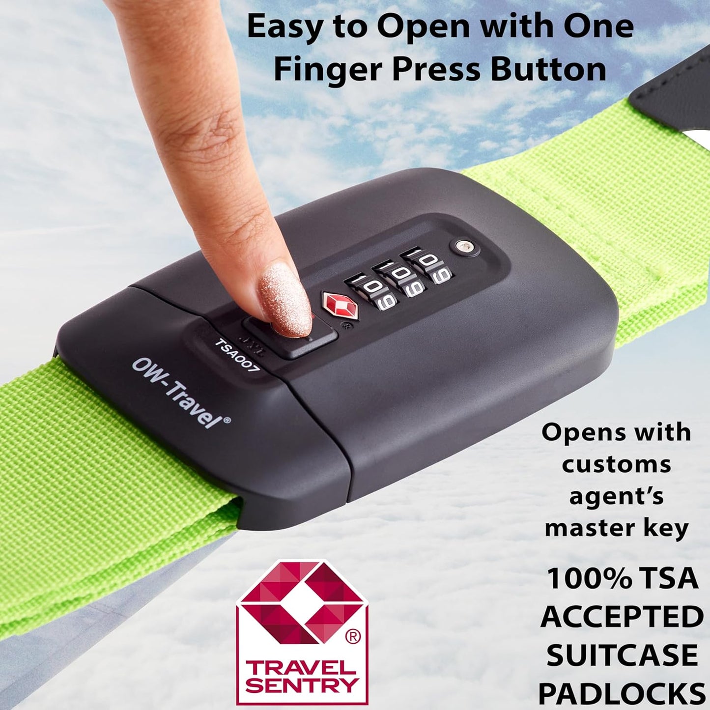 Green TSA luggage strap. Lockable suitcase belts for added security
