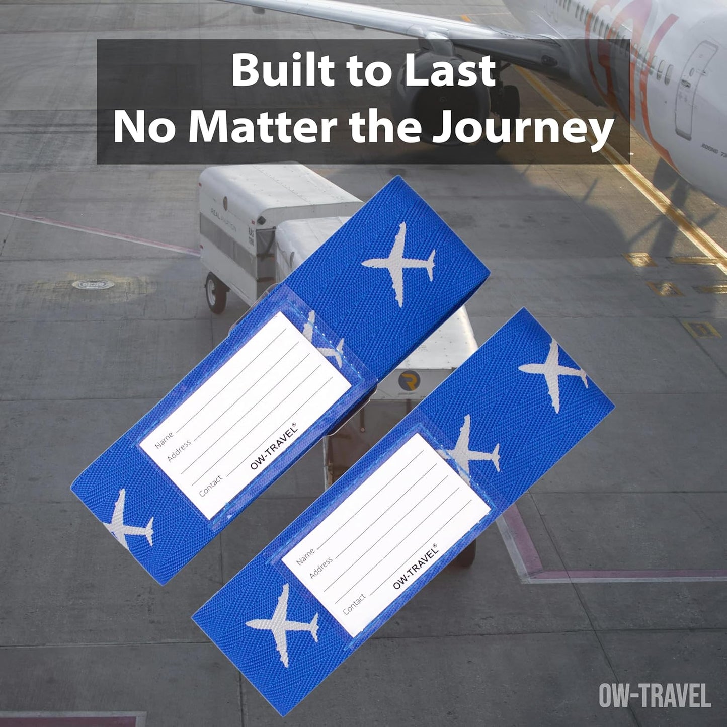 Bright blue luggage cross strap suitcase belts with baggage label tag