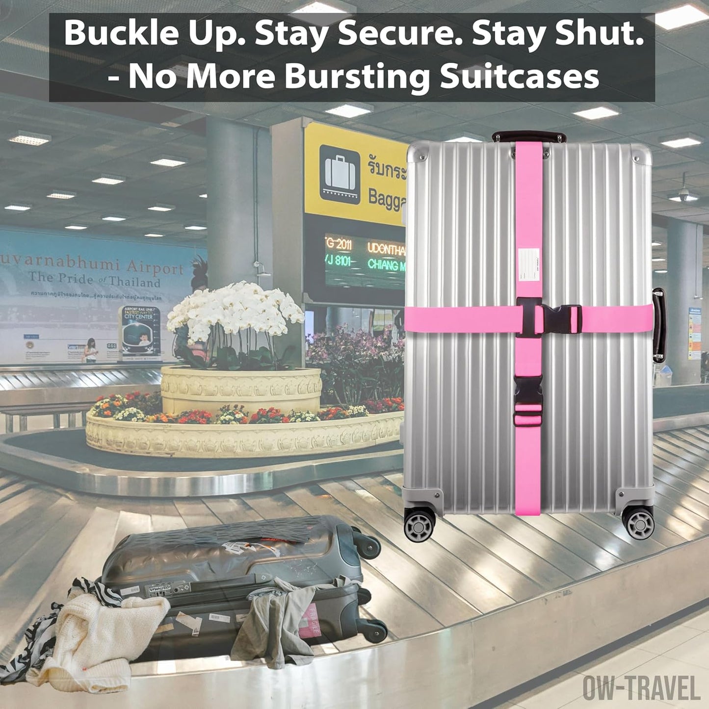 Pink luggage cross strap suitcase belts with baggage label address tag