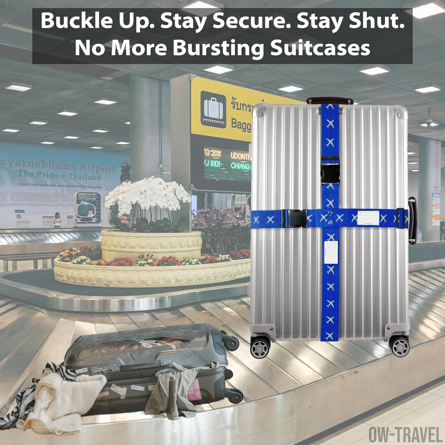 Bright blue luggage cross strap suitcase belts with baggage label tag