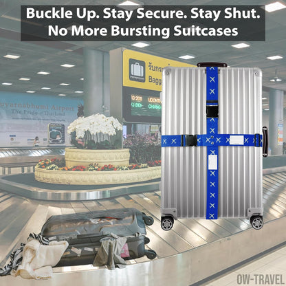 Bright blue luggage cross strap suitcase belts with baggage label tag