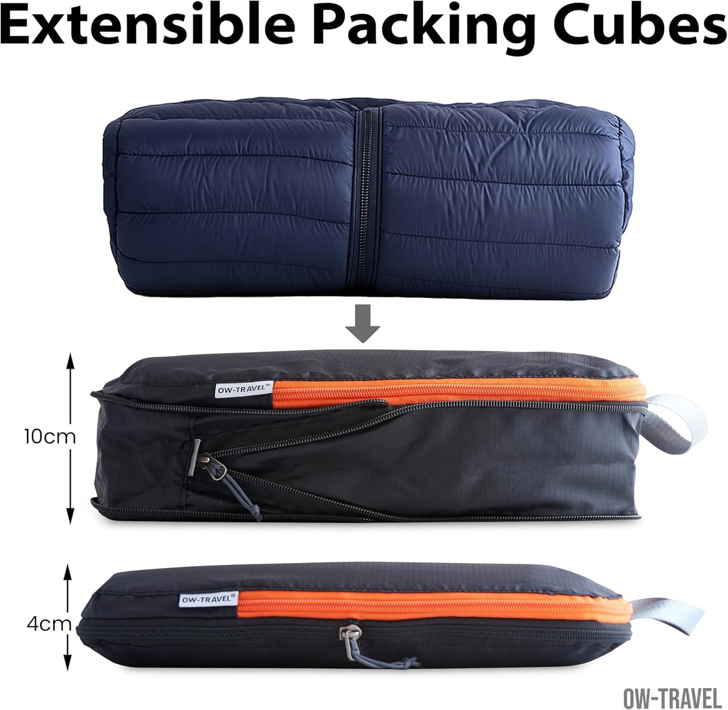 Black compression packing cubes for suitcases. Travel compression storage organiser bags