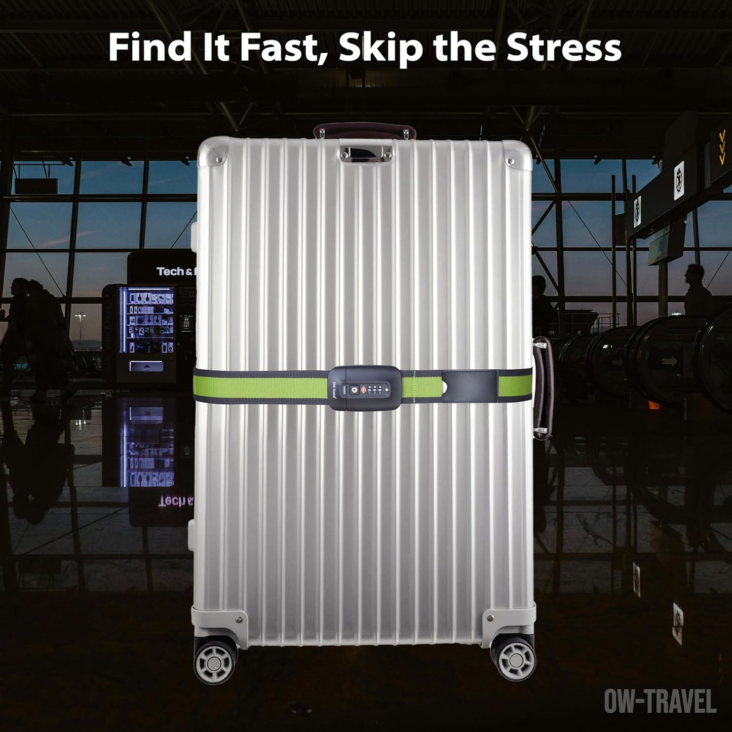 Green / Grey TSA luggage strap. Lockable suitcase belts for added security