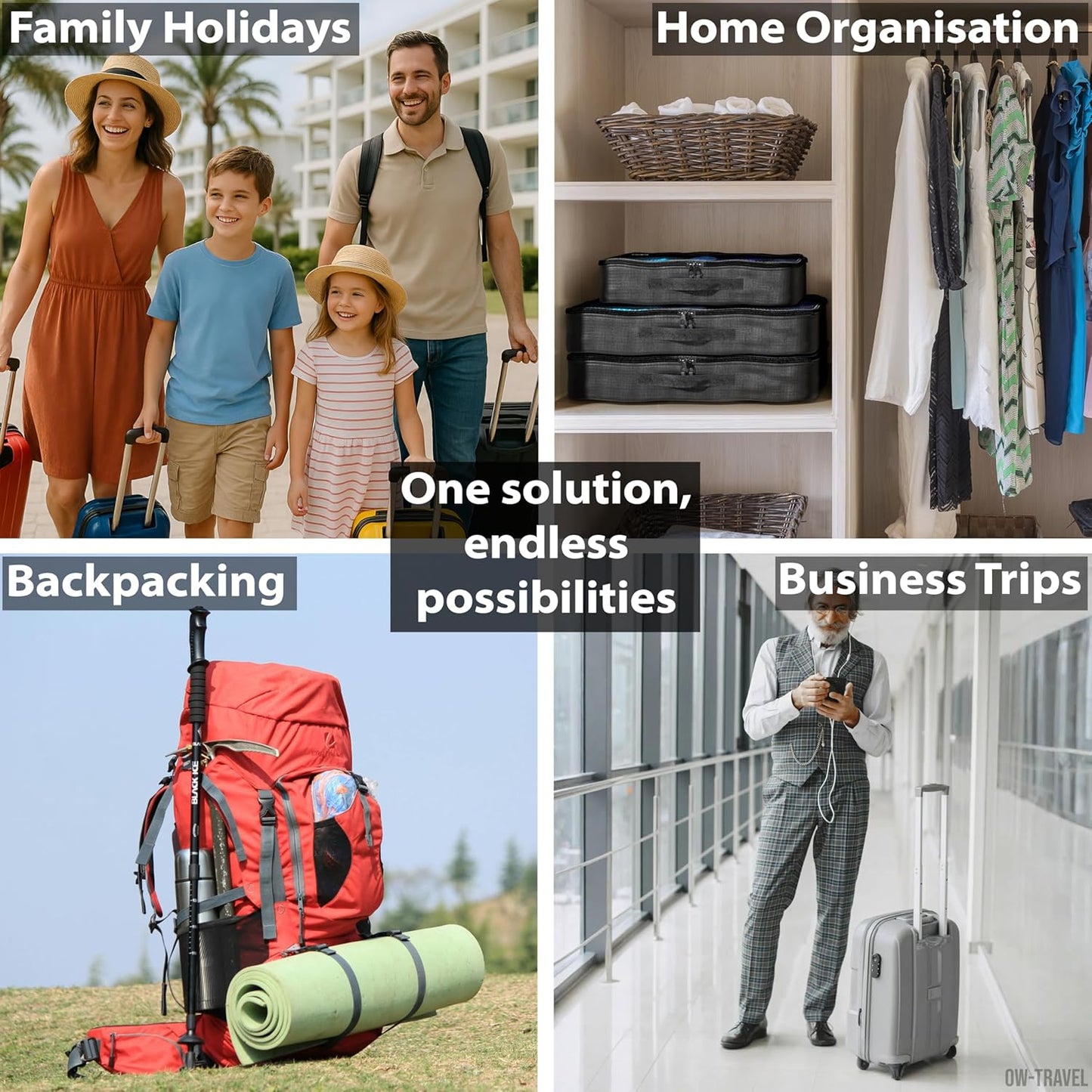 Black compression packing cubes for suitcases. Travel compression storage organiser bags