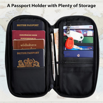 Black Passport Holder Travel Wallet Organiser with RFID Protection.