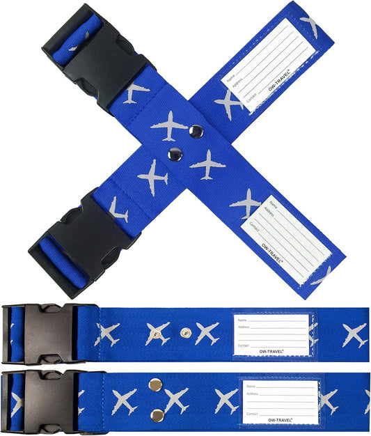 Bright blue luggage cross strap suitcase belts with baggage label tag