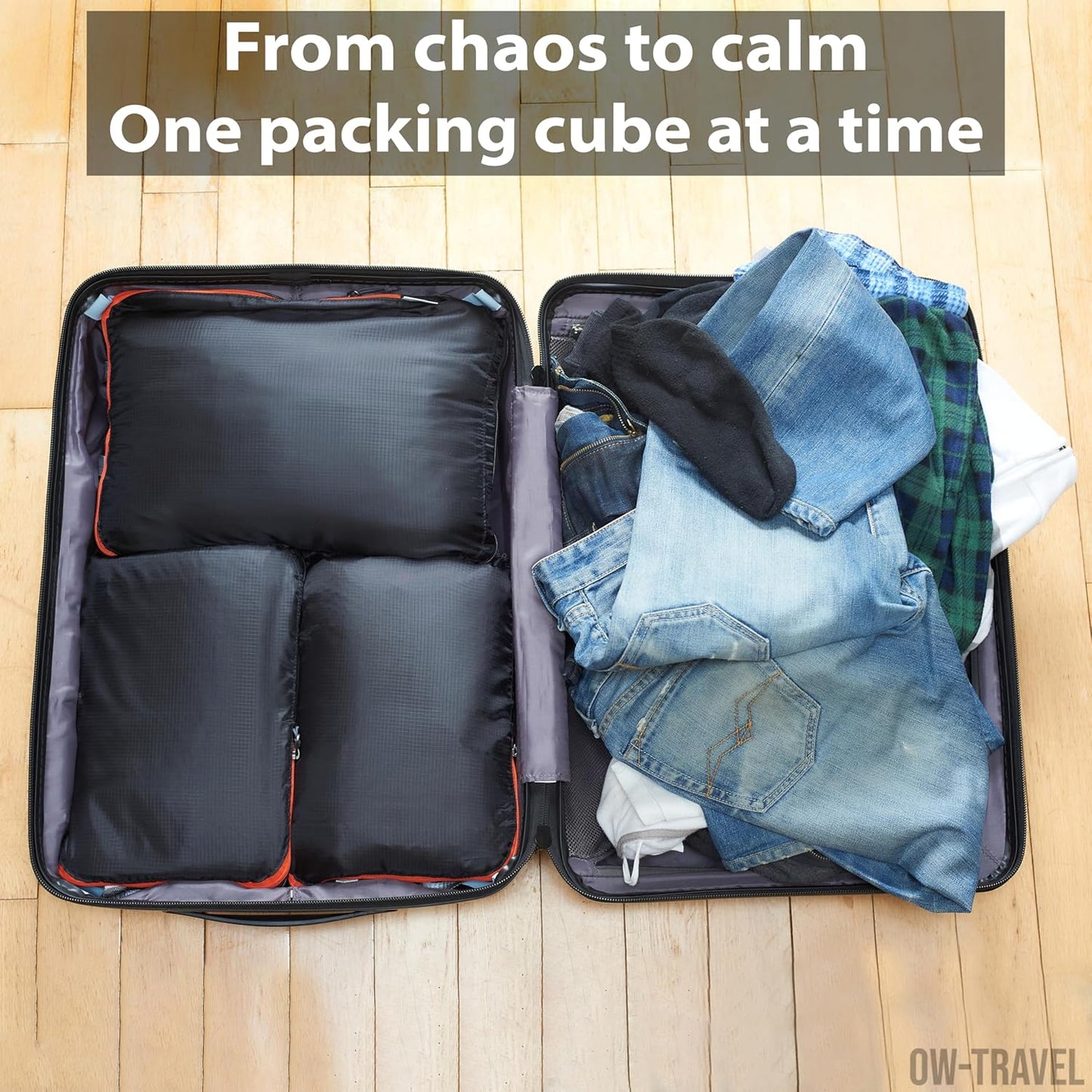 Black compression packing cubes for suitcases. Travel compression storage organiser bags