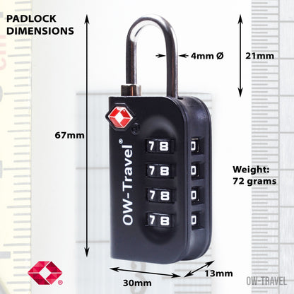 TSA luggage locks. Black 4-dial combination padlocks for suitcases