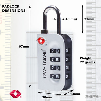 TSA luggage locks. Silver 4-dial combination padlocks for suitcases