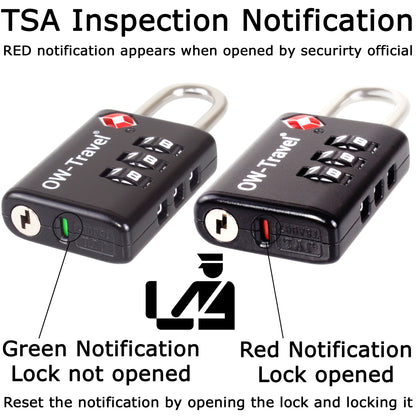 TSA luggage locks. Black suitcase bag padlocks with inspection alert