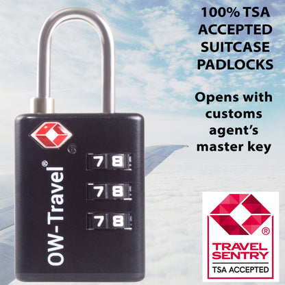 TSA luggage locks. Black suitcase bag padlocks with inspection alert