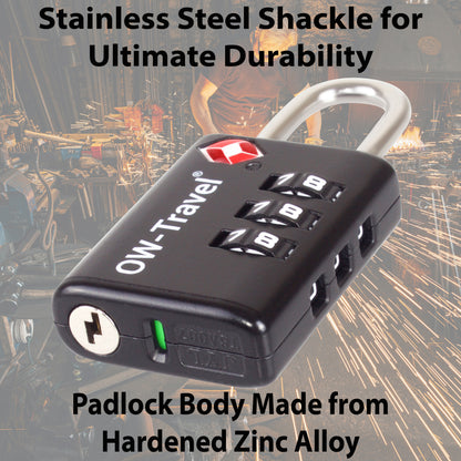 TSA luggage locks. Black suitcase bag padlocks with inspection alert