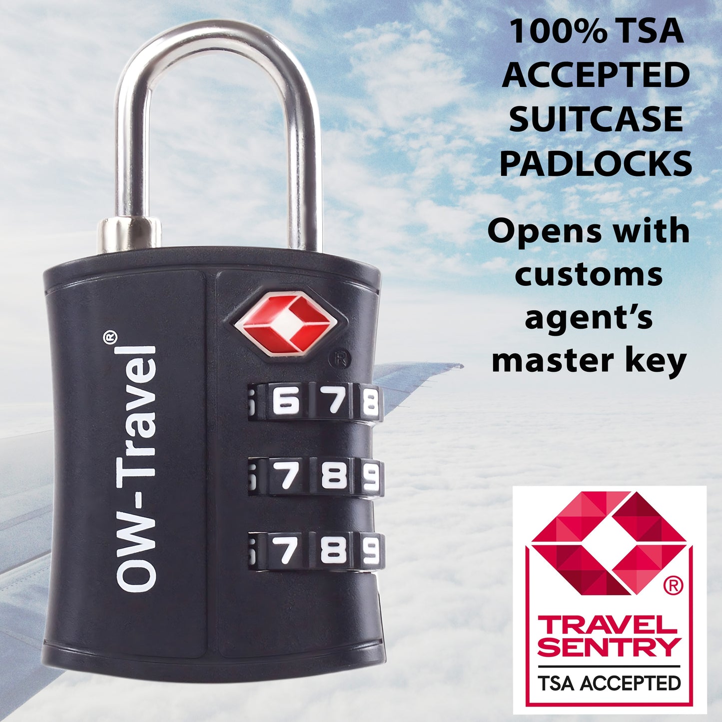 TSA luggage locks. Black 3-dial padlocks for suitcases + baggage tags