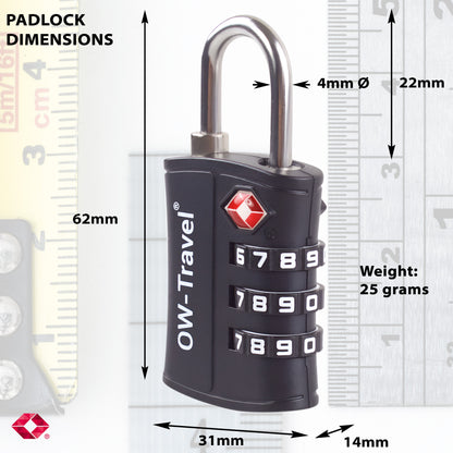 TSA luggage locks. Black 3-dial padlocks for suitcases + baggage tags