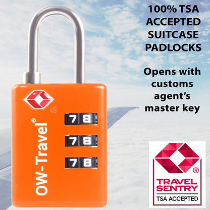 TSA luggage locks. Orange suitcase bag padlocks with inspection alert