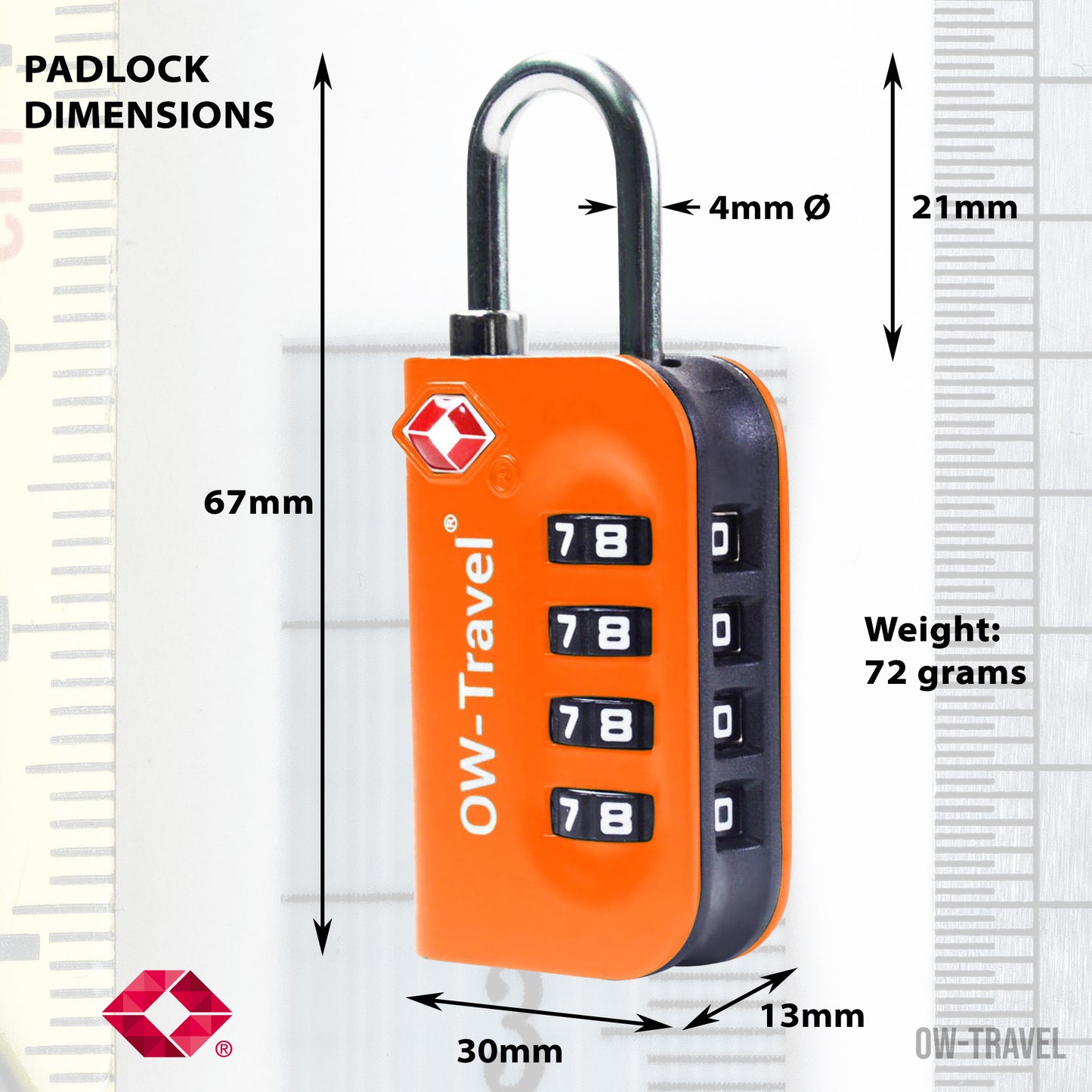 TSA luggage locks. Orange 4-dial combination padlocks for suitcases