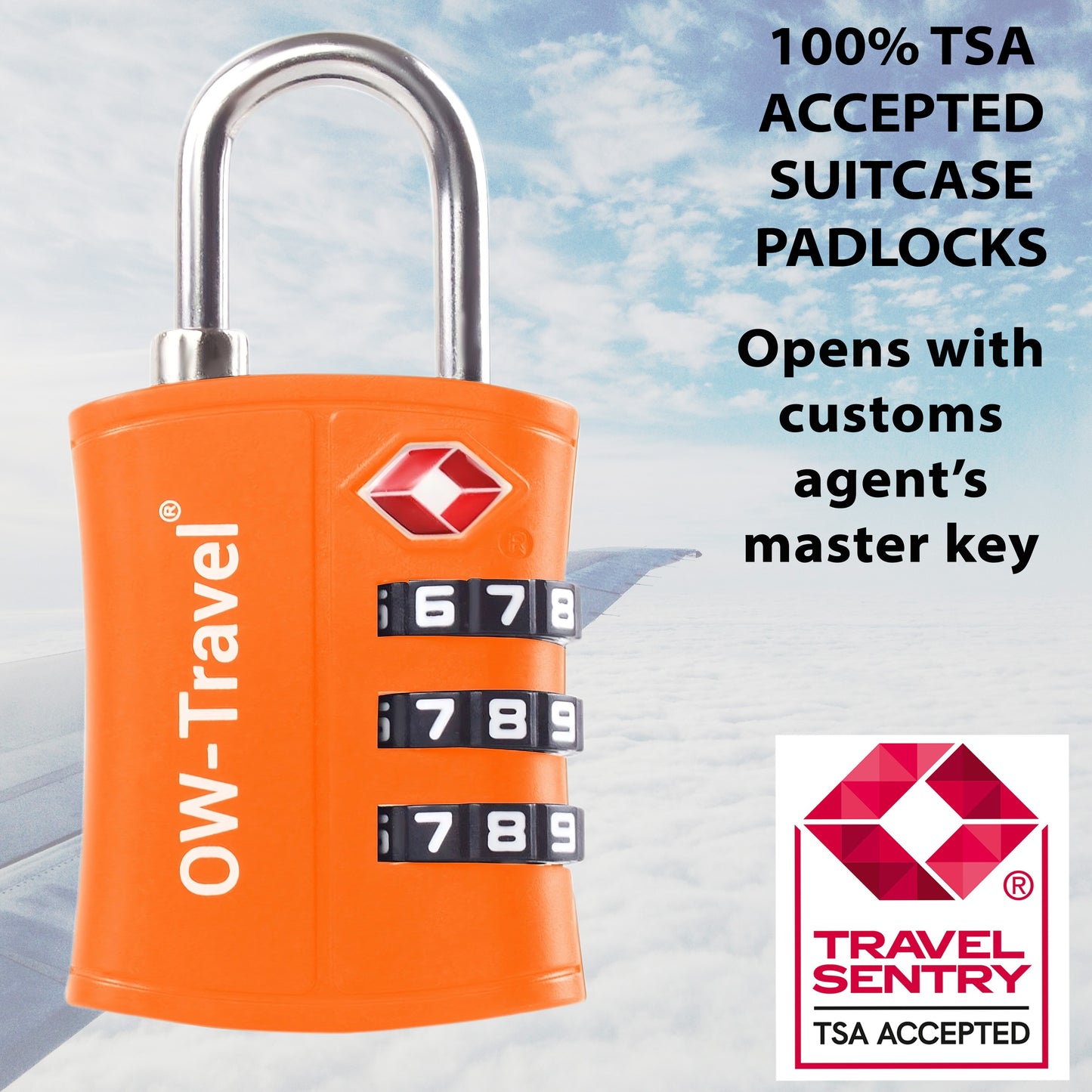 TSA luggage locks. Orange 3-dial padlocks for suitcases lockers bags