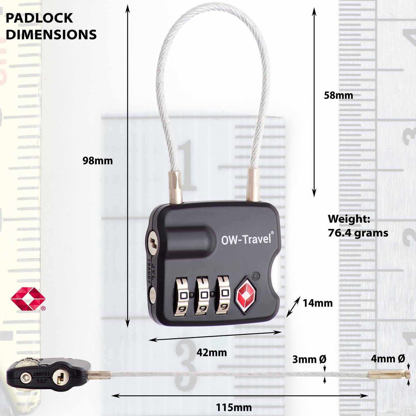 TSA luggage locks. Black cable padlocks for suitcases gym lockers bags
