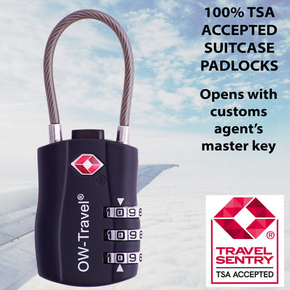 TSA luggage locks. Black cable padlocks for suitcases gym lockers bags