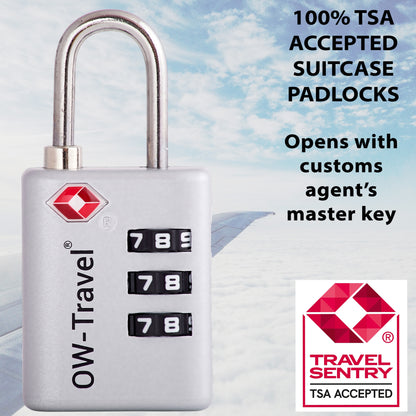 TSA luggage locks. Silver suitcase bag padlocks with inspection alert