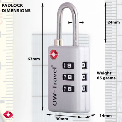 TSA luggage locks. Silver suitcase bag padlocks with inspection alert