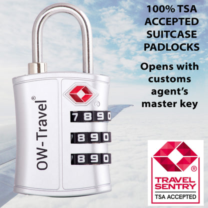 TSA luggage locks. Silver 3-dial padlocks for suitcases lockers bags