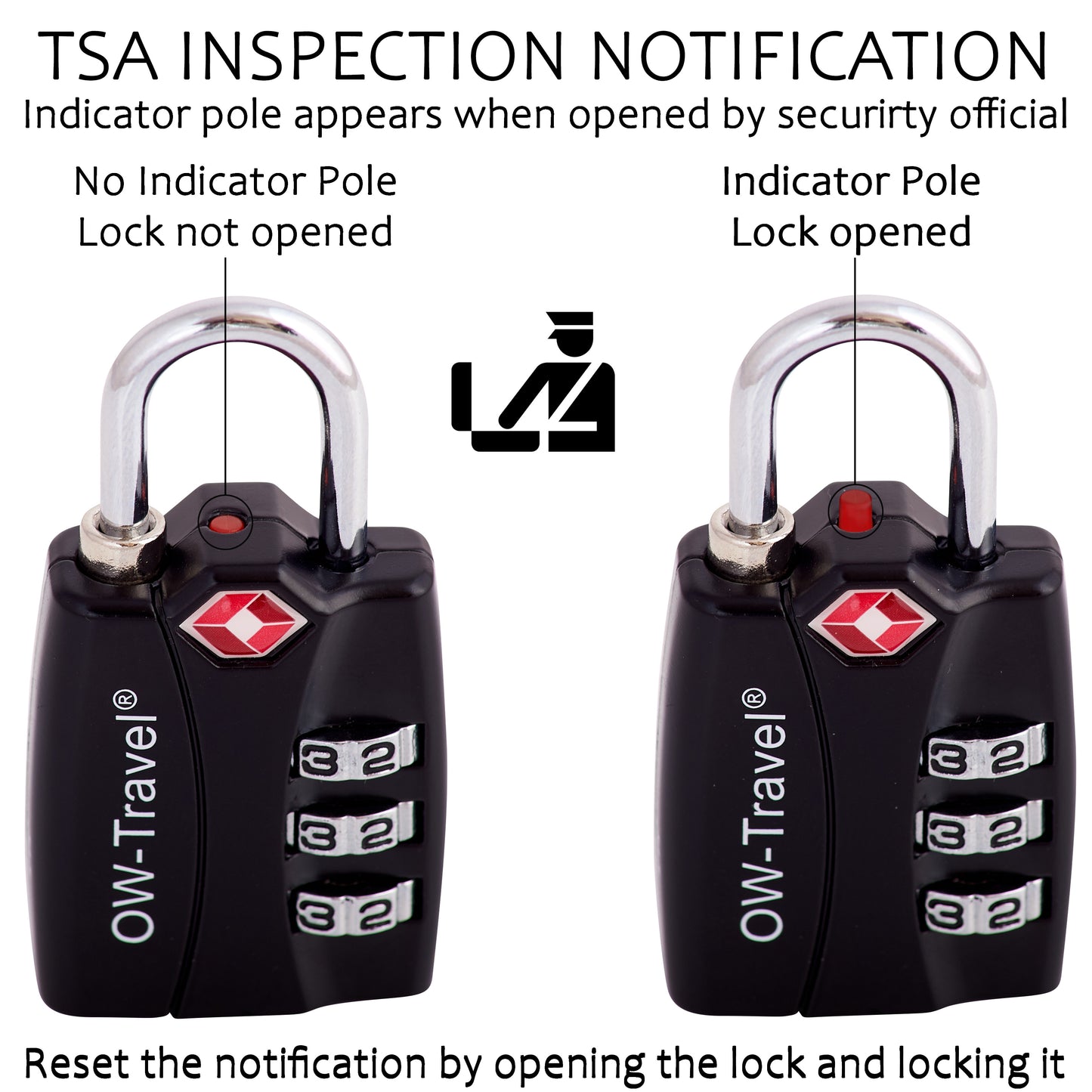 TSA luggage locks. Black 3-dial combination padlock with inspection alert