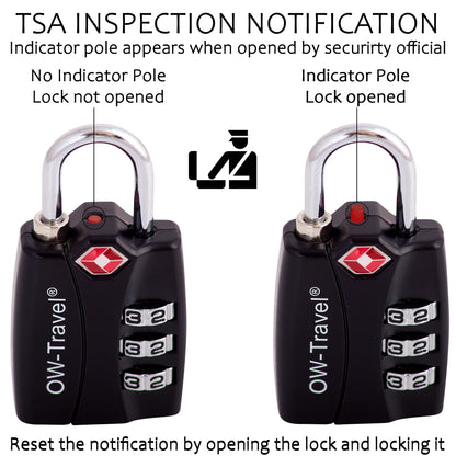 TSA luggage locks. Black 3-dial combination padlock with inspection alert