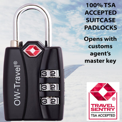 TSA luggage locks. Black 3-dial combination padlock with inspection alert