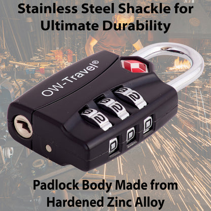 TSA luggage locks. Black 3-dial combination padlock with inspection alert